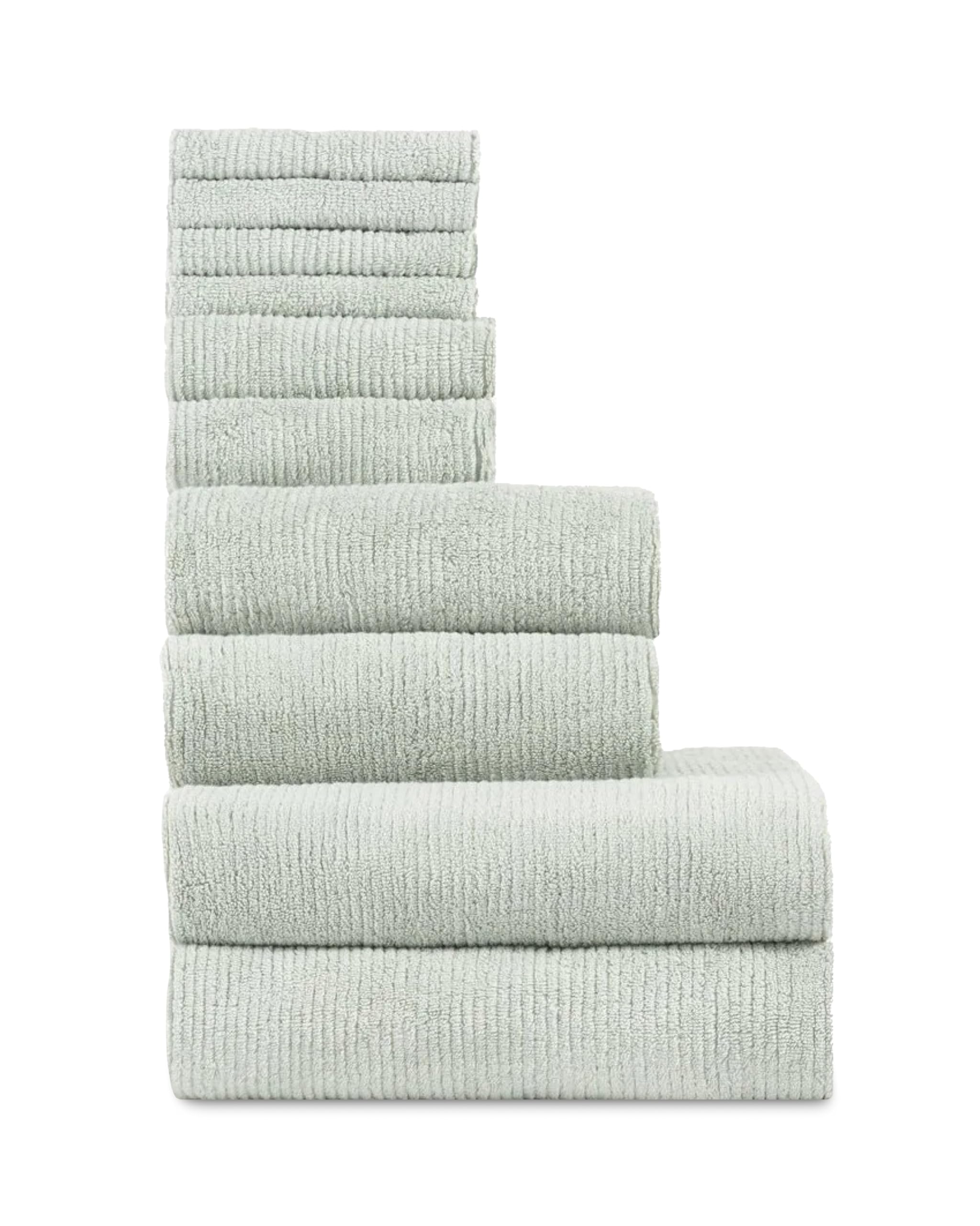 Cozy Earth Complete Ribbed Terry Bath Bundle - 60% Cotton 40% Viscose from Bamboo - Soft & Absorbent Cotton Bath Towel Set - 4 Washcloths, 2 Hand Towels, 2 Bath Towels, 2 Bath Sheets - Laurel