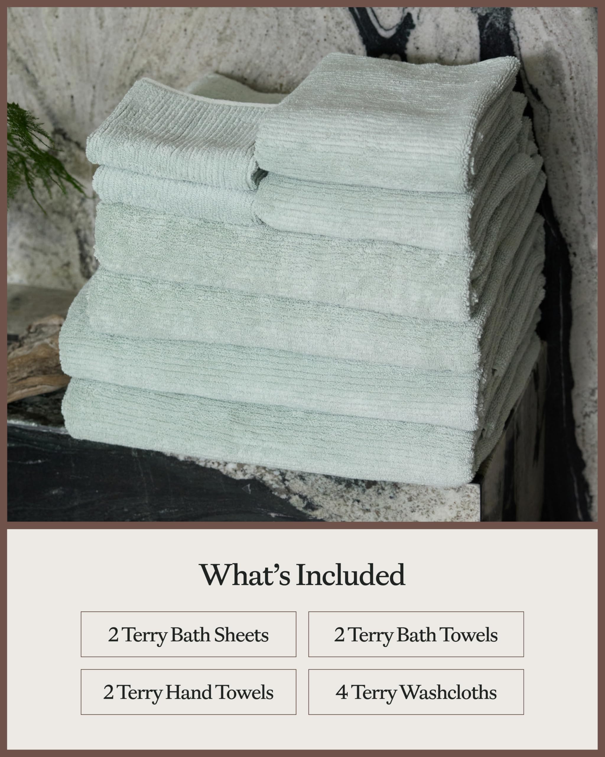 Cozy Earth Complete Ribbed Terry Bath Bundle - 60% Cotton 40% Viscose from Bamboo - Soft & Absorbent Cotton Bath Towel Set - 4 Washcloths, 2 Hand Towels, 2 Bath Towels, 2 Bath Sheets - Laurel - Image 3