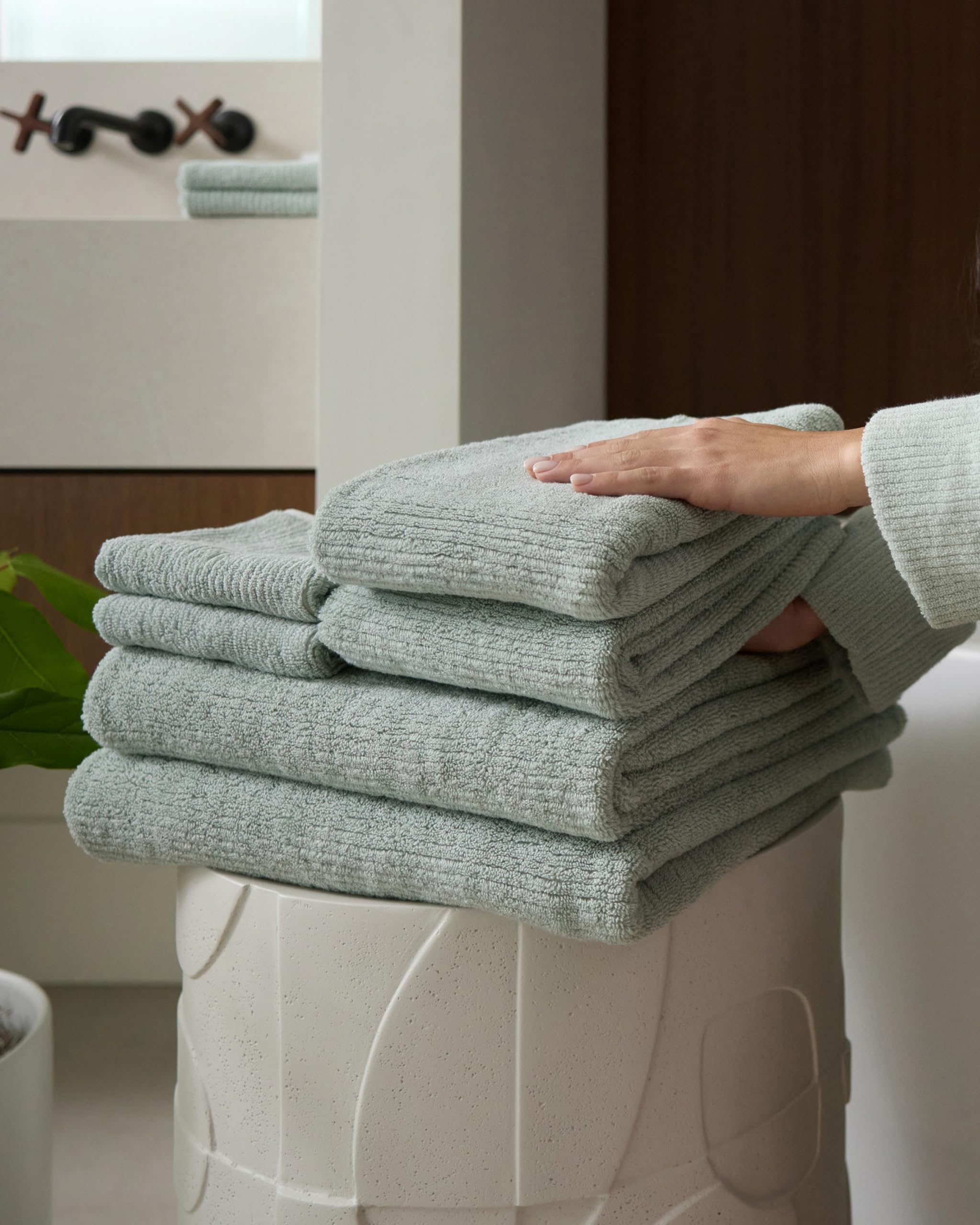 Cozy Earth Complete Ribbed Terry Bath Bundle - 60% Cotton 40% Viscose from Bamboo - Soft & Absorbent Cotton Bath Towel Set - 4 Washcloths, 2 Hand Towels, 2 Bath Towels, 2 Bath Sheets - Laurel - Image 6