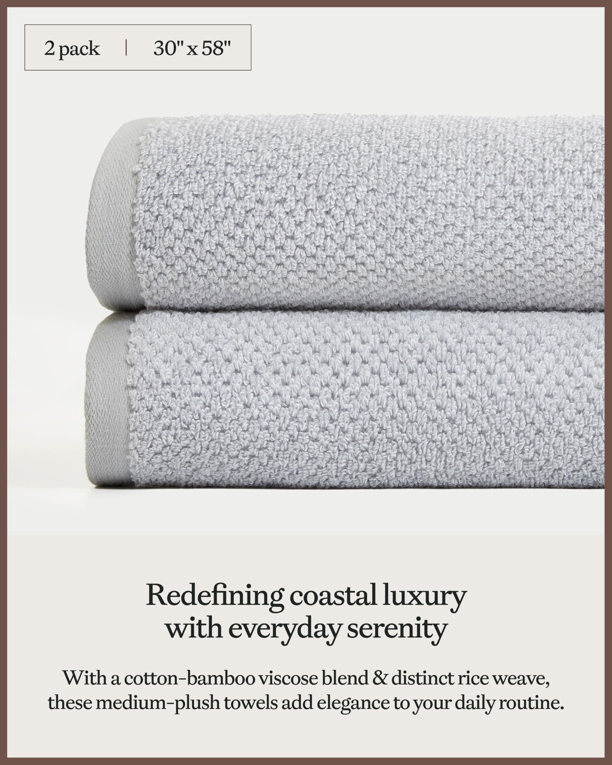 Cozy Earth Nantucket 60% Cotton 40% Viscose from Bamboo Bath Towel - 600 GSM Plush & Fast-Drying with Rice Weave Pattern - 2 Pack 30" x 58" Luxury Bath Towel - Harbor Mist - Image 3