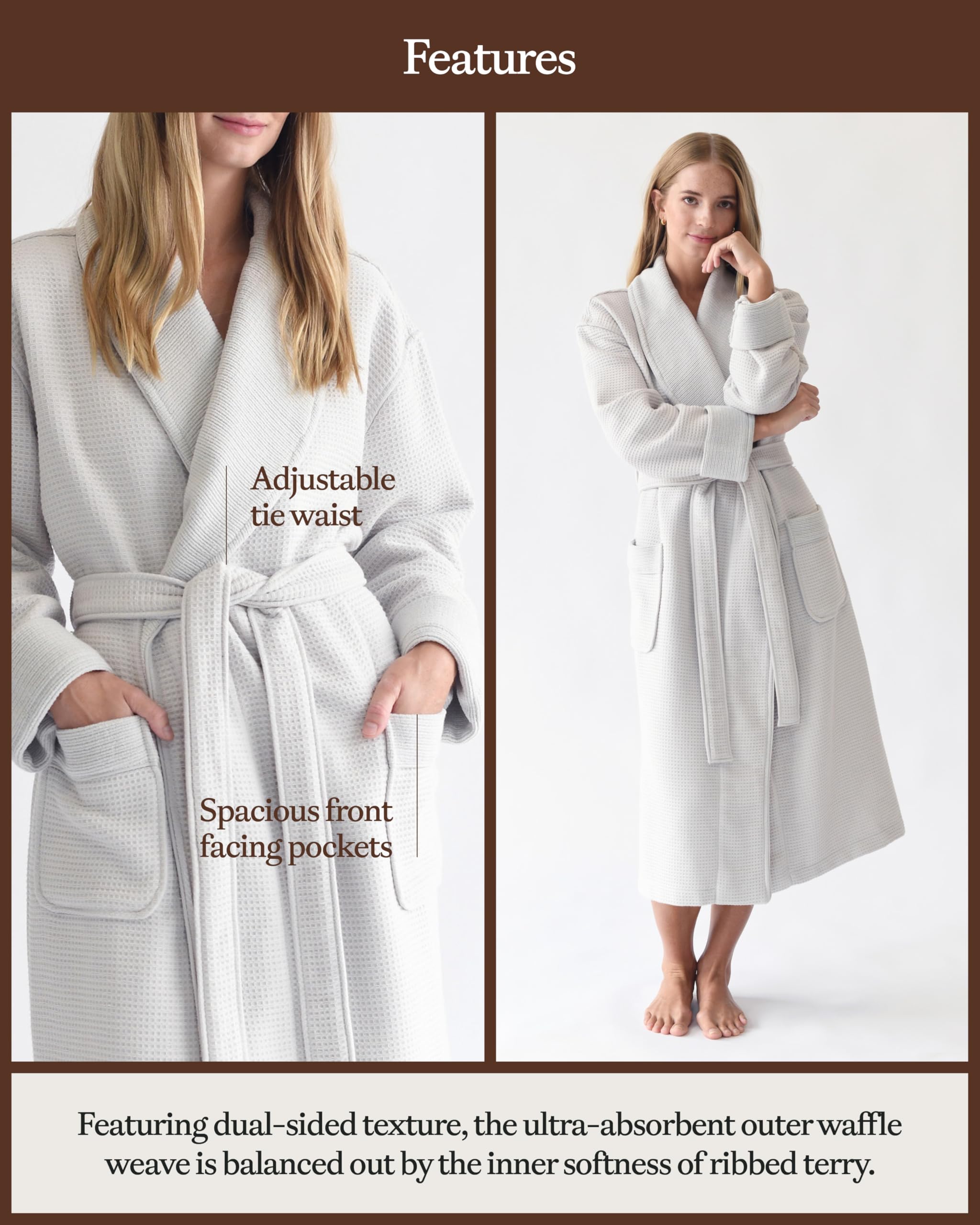 Cozy Earth Waffle Bath Robe - Lightweight Spa Robe with Pockets - 40% Viscose from Bamboo Blend - Image 4